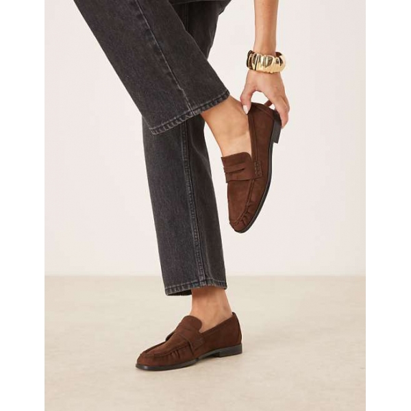 ASOS DESIGN Minnie ruched detail loafers in brown suedette, 1 of 4