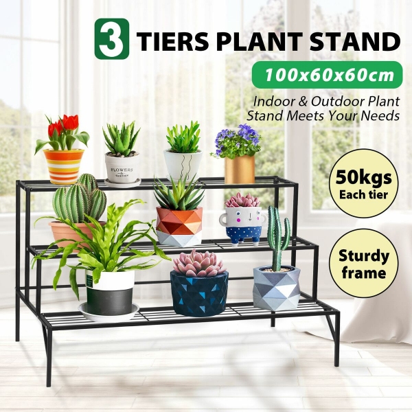 Plant Stand Black 3 Tiers Metal Flower Shelf Pot Holder Corner Planter Garden Storage Rack Outdoor I